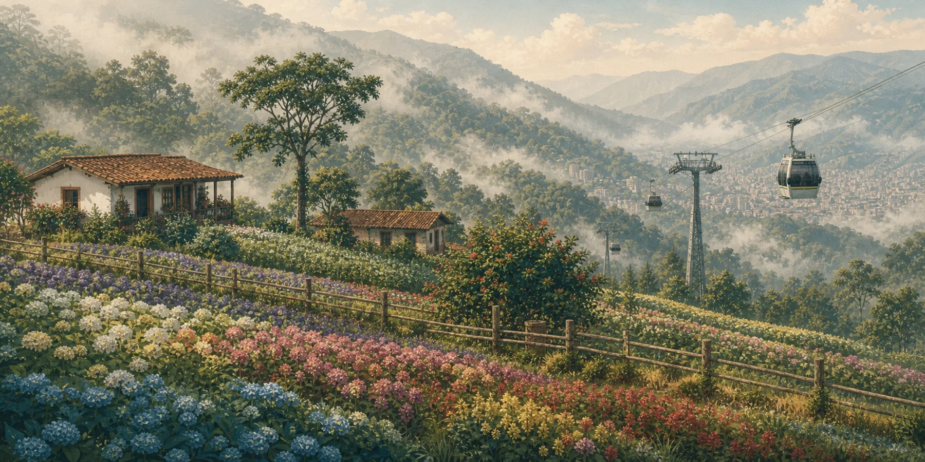 Editorial illustration for Santa Elena: Flowers, Forest and Cool Air Above Medellín